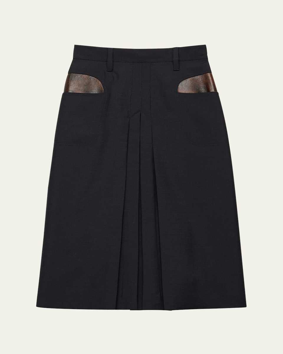 Leather-Pockets Wool Midi Skirt